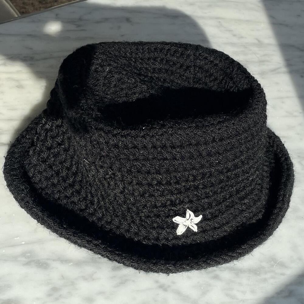 Black hand made crochet bucket hat with white star embroidery